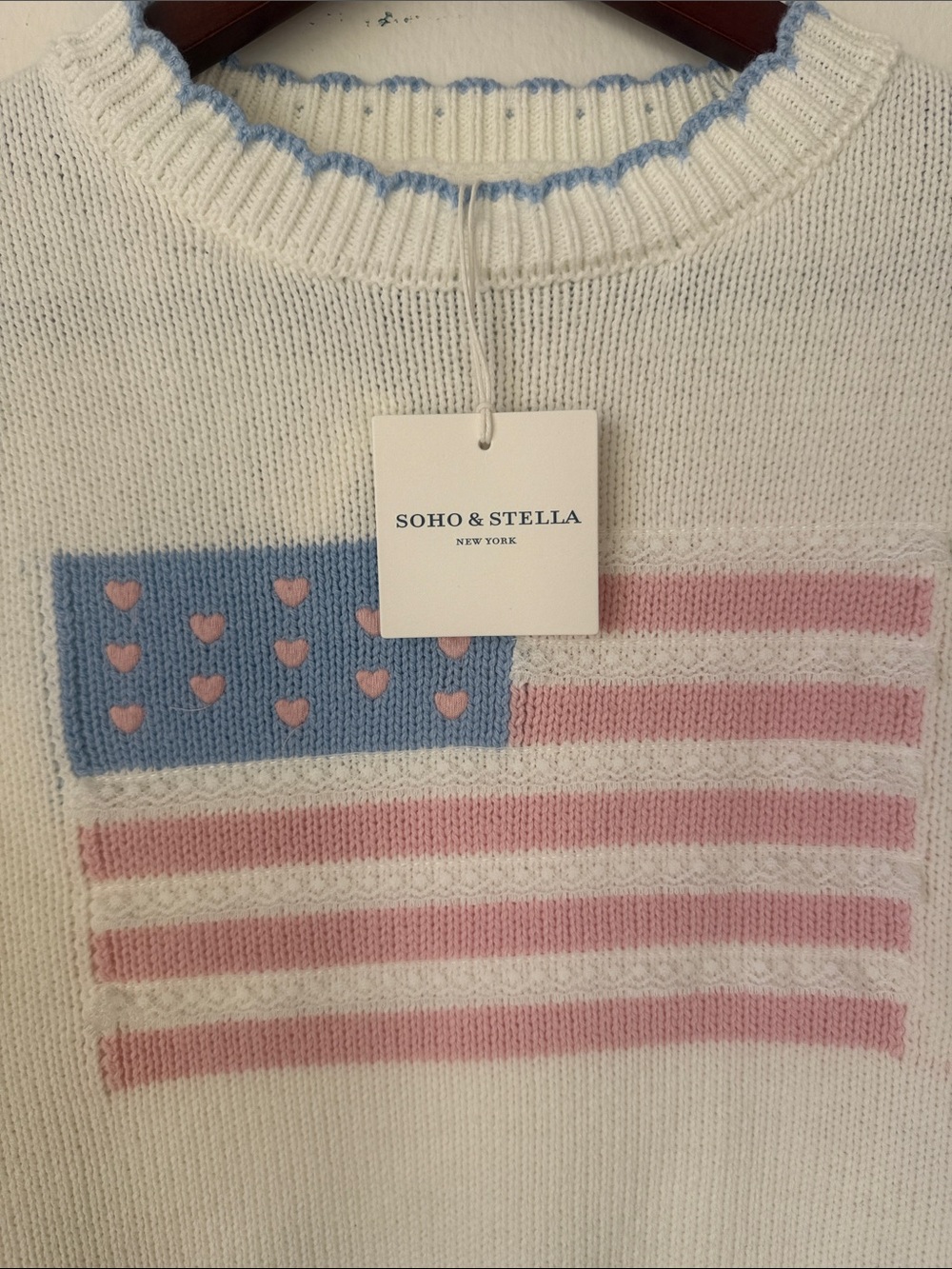 American Flag Crewneck Sweater with Pastel Pink & Blue Lace Motif, NWT - Picture 2 of 5